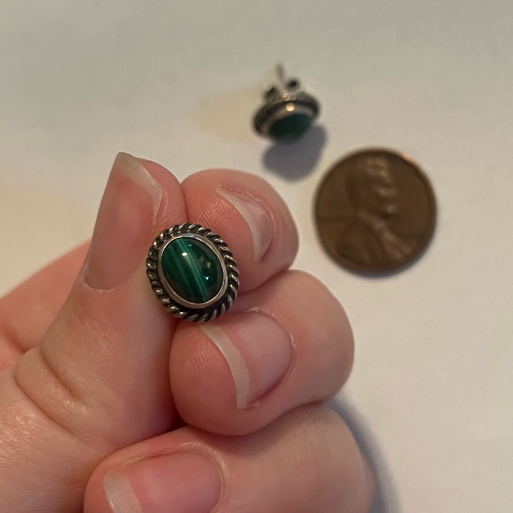“Malachite” Stud Earrings Vintage Mexican Sterling Silver 925 - Picture 2 of 3